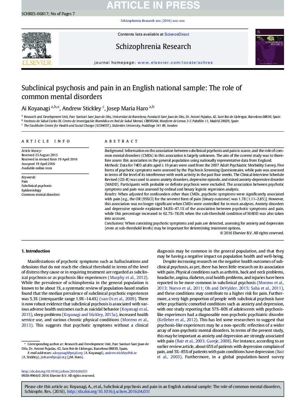 Subclinical psychosis and pain in an English national sample: The role of common mental disorders