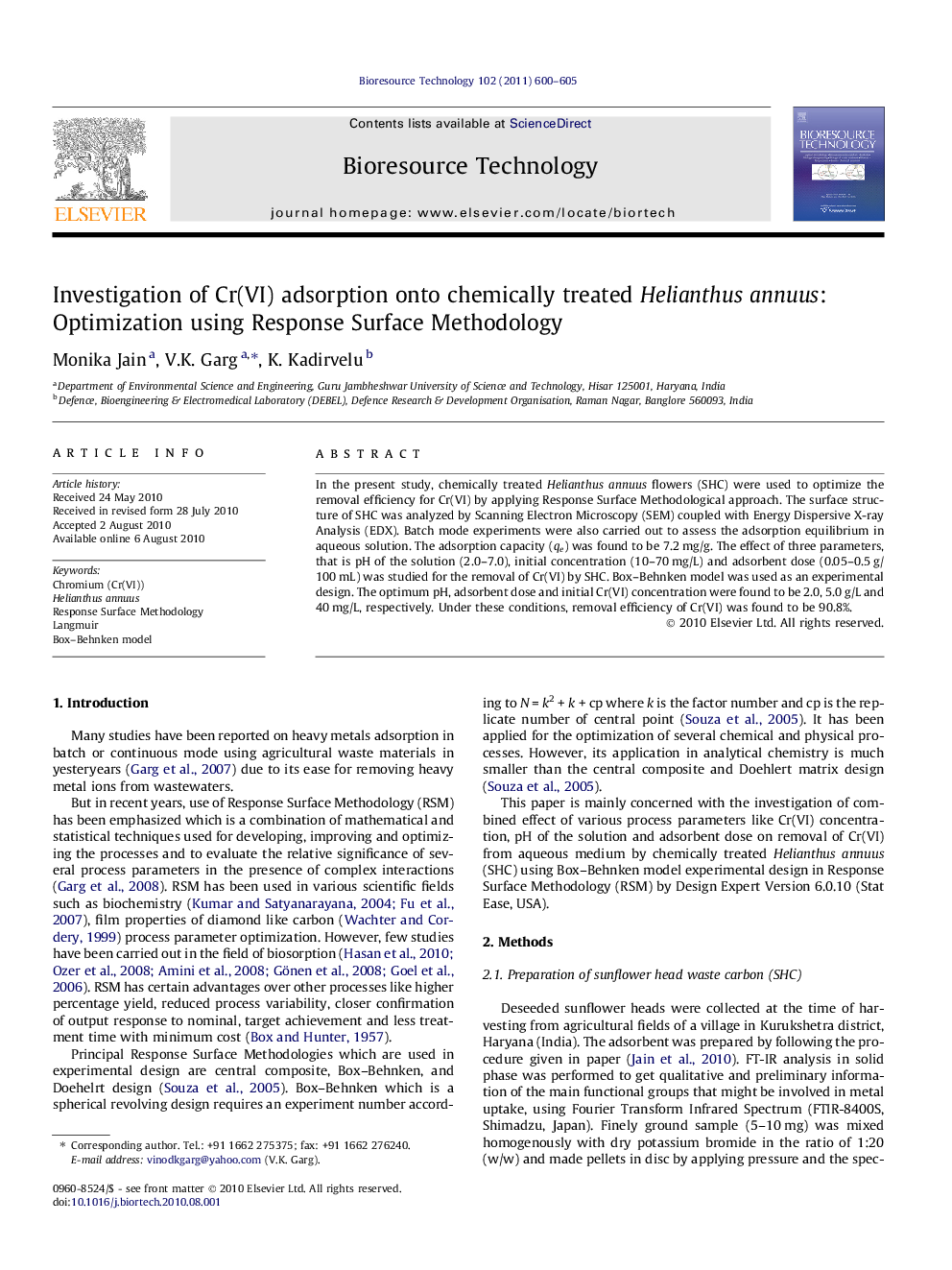 Investigation of Cr(VI) adsorption onto chemically treated Helianthus annuus: Optimization using Response Surface Methodology