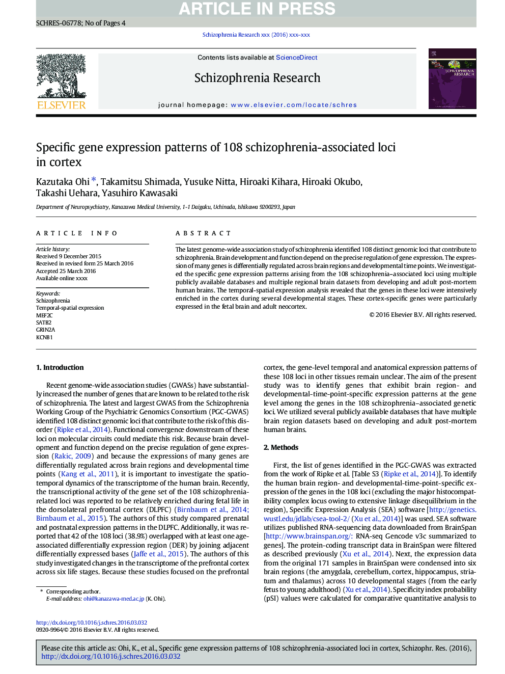 Specific gene expression patterns of 108 schizophrenia-associated loci in cortex