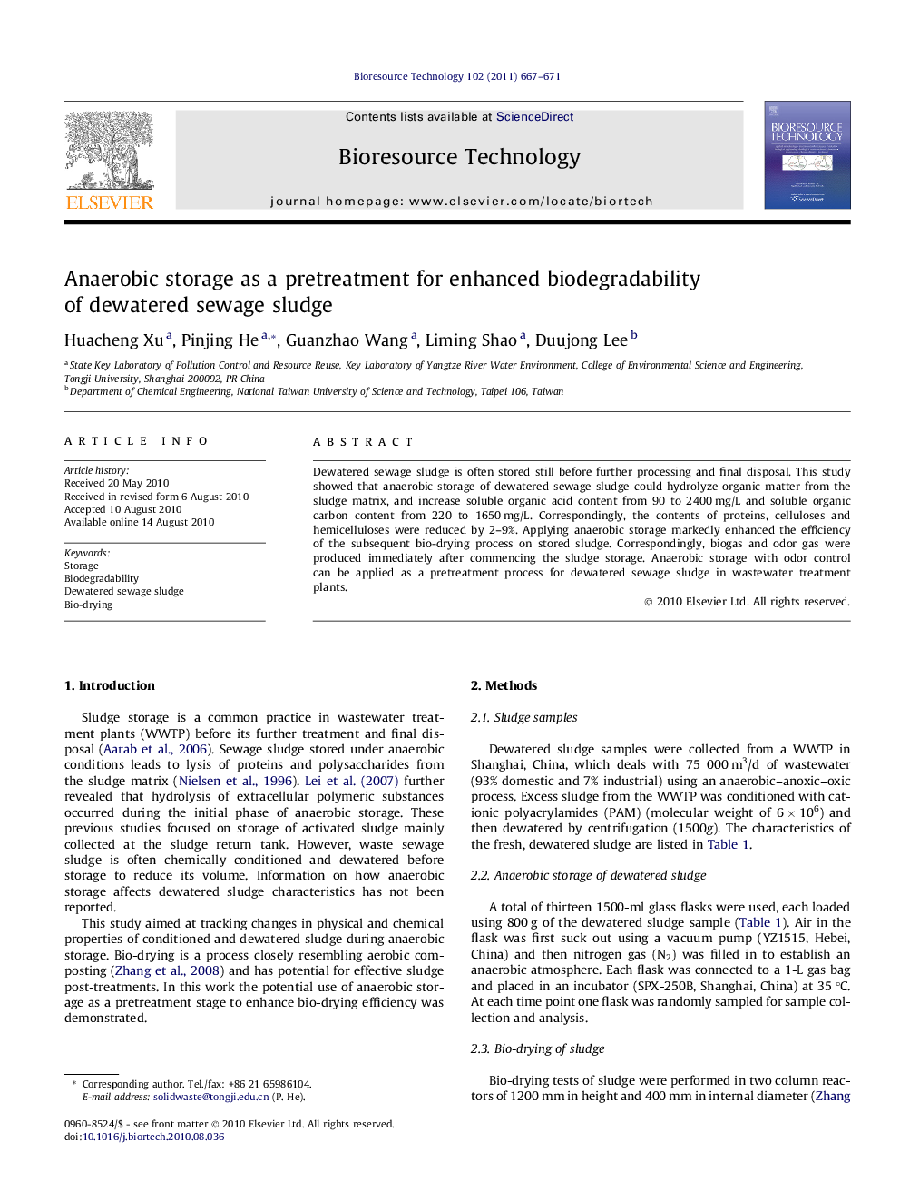 Anaerobic storage as a pretreatment for enhanced biodegradability of dewatered sewage sludge