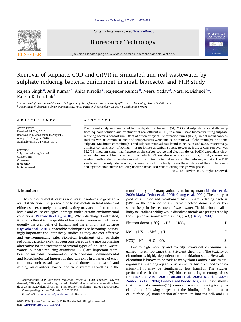 Removal of sulphate, COD and Cr(VI) in simulated and real wastewater by sulphate reducing bacteria enrichment in small bioreactor and FTIR study