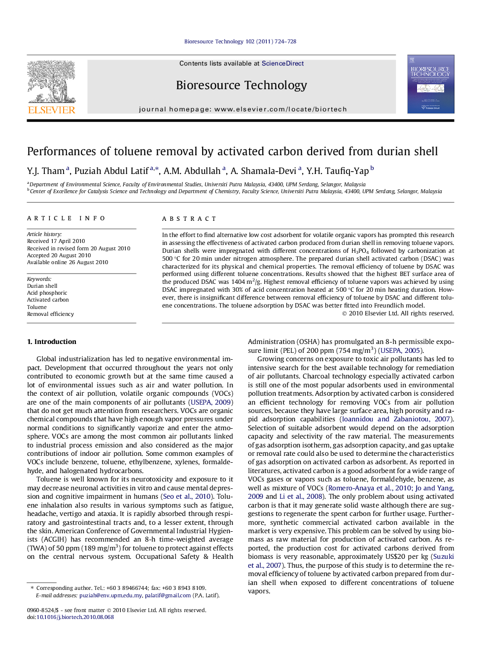 Performances of toluene removal by activated carbon derived from durian shell