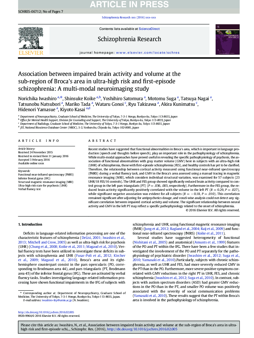 Association between impaired brain activity and volume at the sub-region of Broca's area in ultra-high risk and first-episode schizophrenia: A multi-modal neuroimaging study