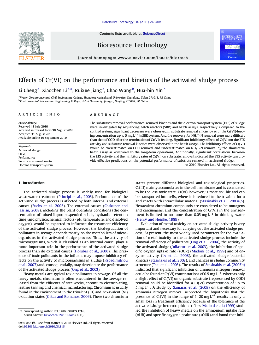 Effects of Cr(VI) on the performance and kinetics of the activated sludge process