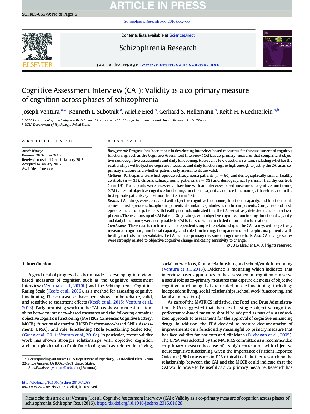 Cognitive Assessment Interview (CAI): Validity as a co-primary measure of cognition across phases of schizophrenia