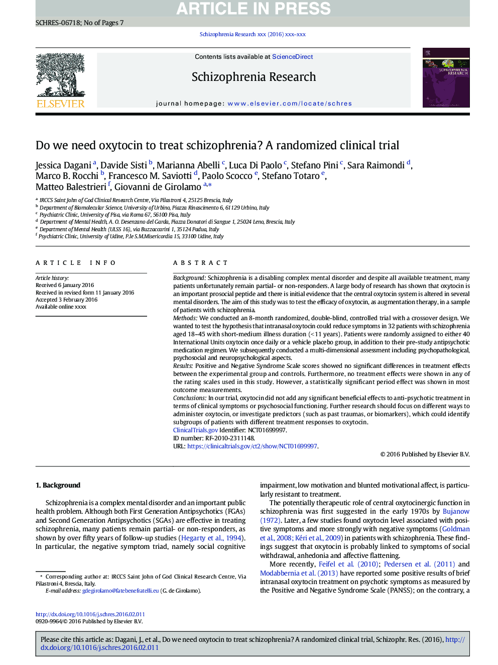 Do we need oxytocin to treat schizophrenia? A randomized clinical trial