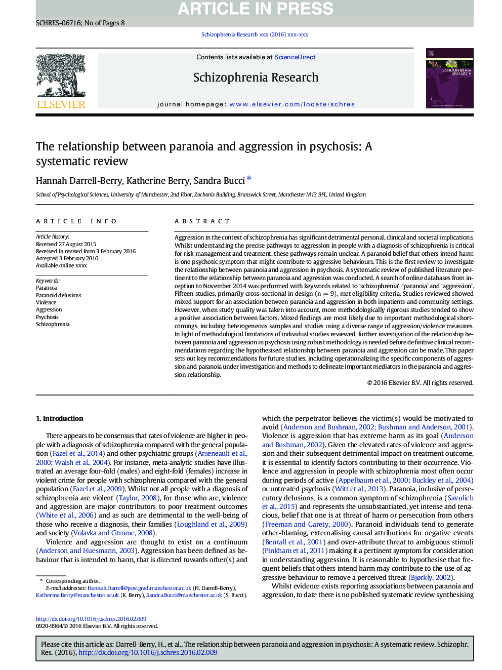 The relationship between paranoia and aggression in psychosis: A systematic review