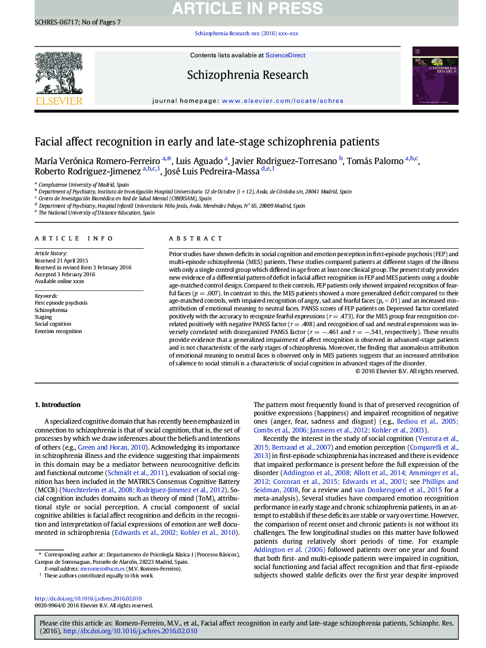 Facial affect recognition in early and late-stage schizophrenia patients