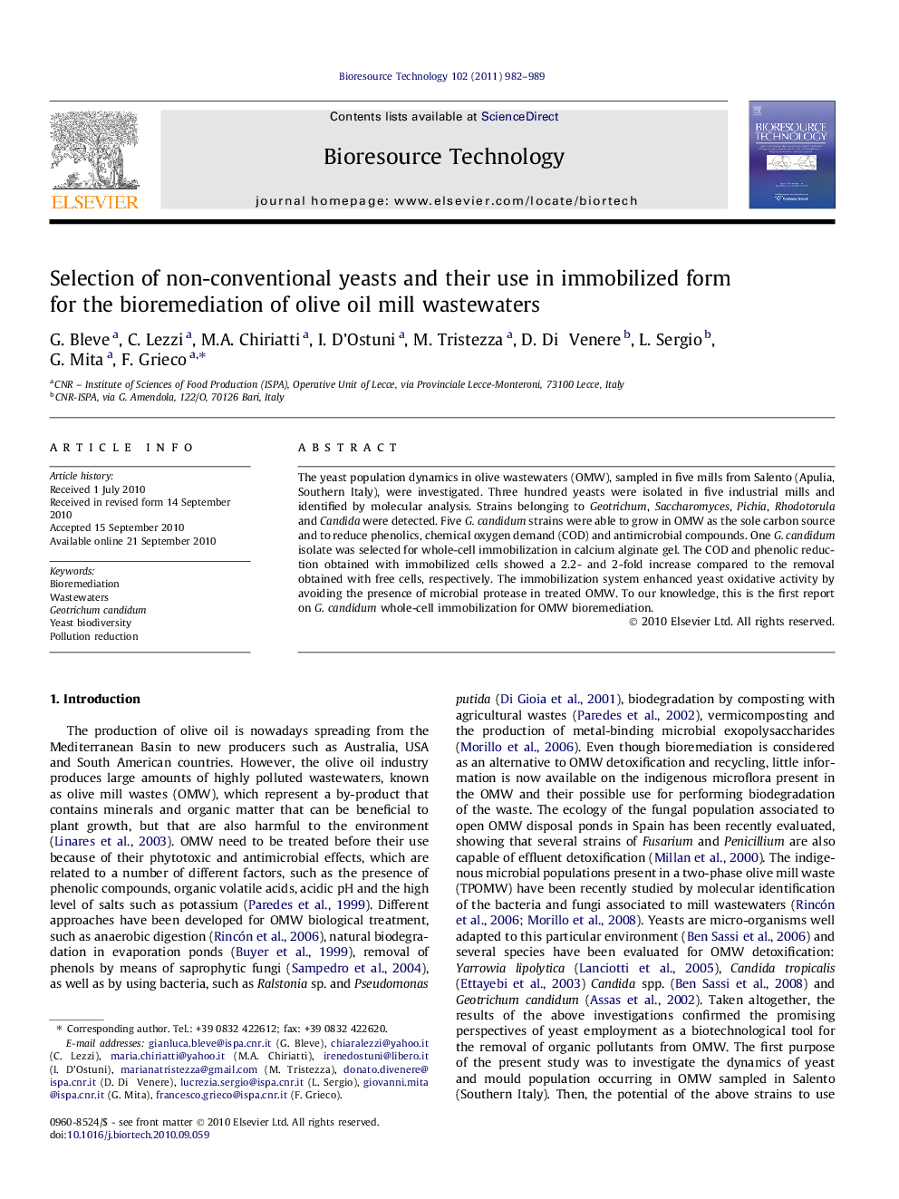 Selection of non-conventional yeasts and their use in immobilized form for the bioremediation of olive oil mill wastewaters