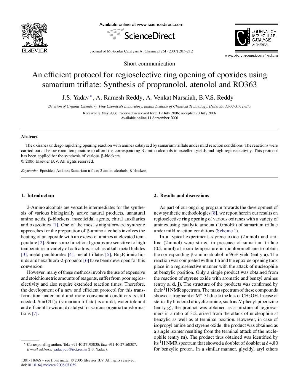 An efficient protocol for regioselective ring opening of epoxides using samarium triflate: Synthesis of propranolol, atenolol and RO363