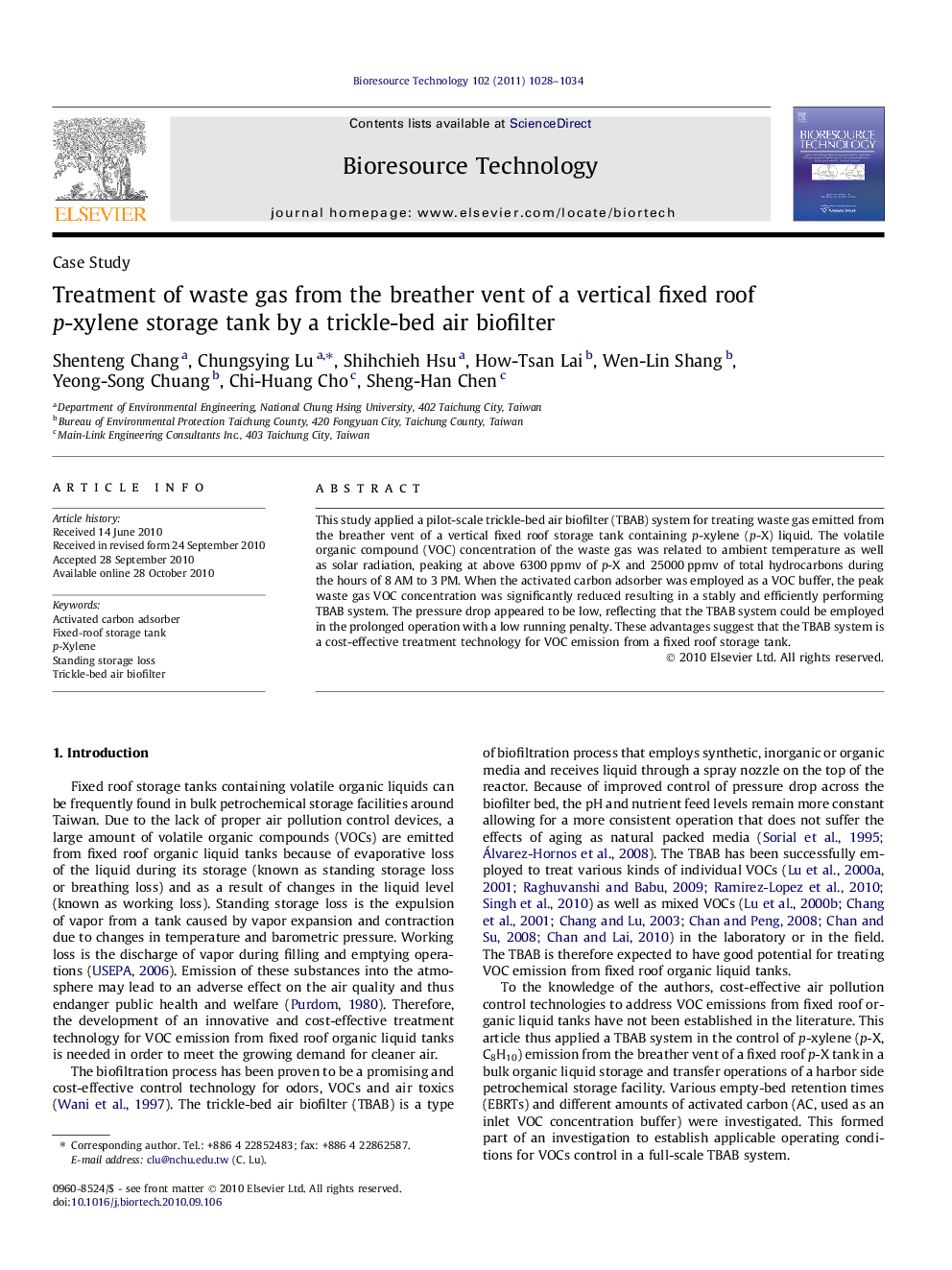 Treatment of waste gas from the breather vent of a vertical fixed roof p-xylene storage tank by a trickle-bed air biofilter