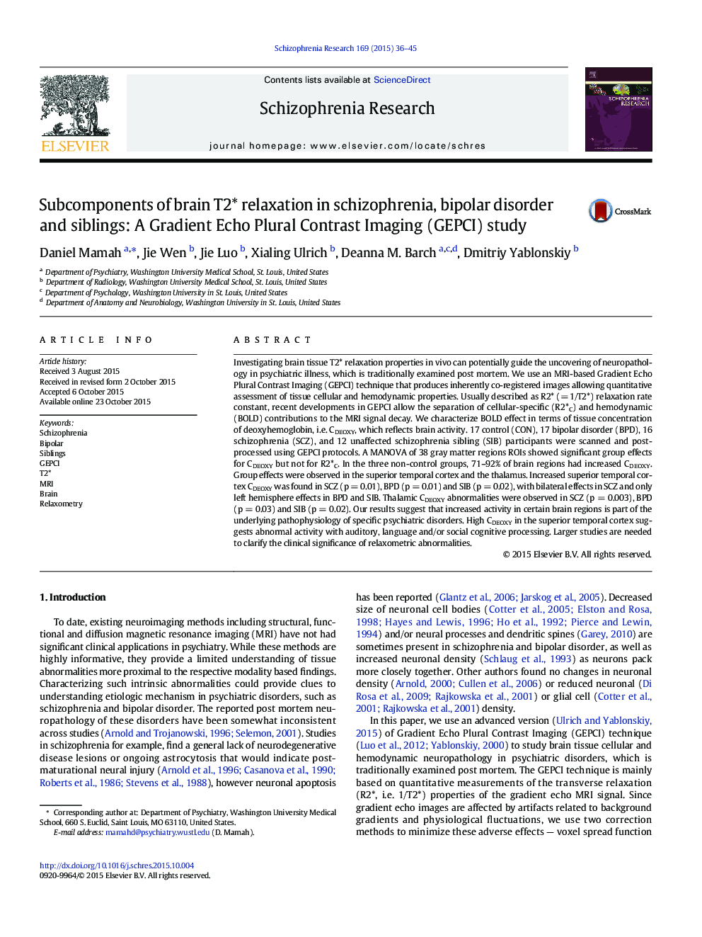 Subcomponents of brain T2* relaxation in schizophrenia, bipolar disorder and siblings: A Gradient Echo Plural Contrast Imaging (GEPCI) study