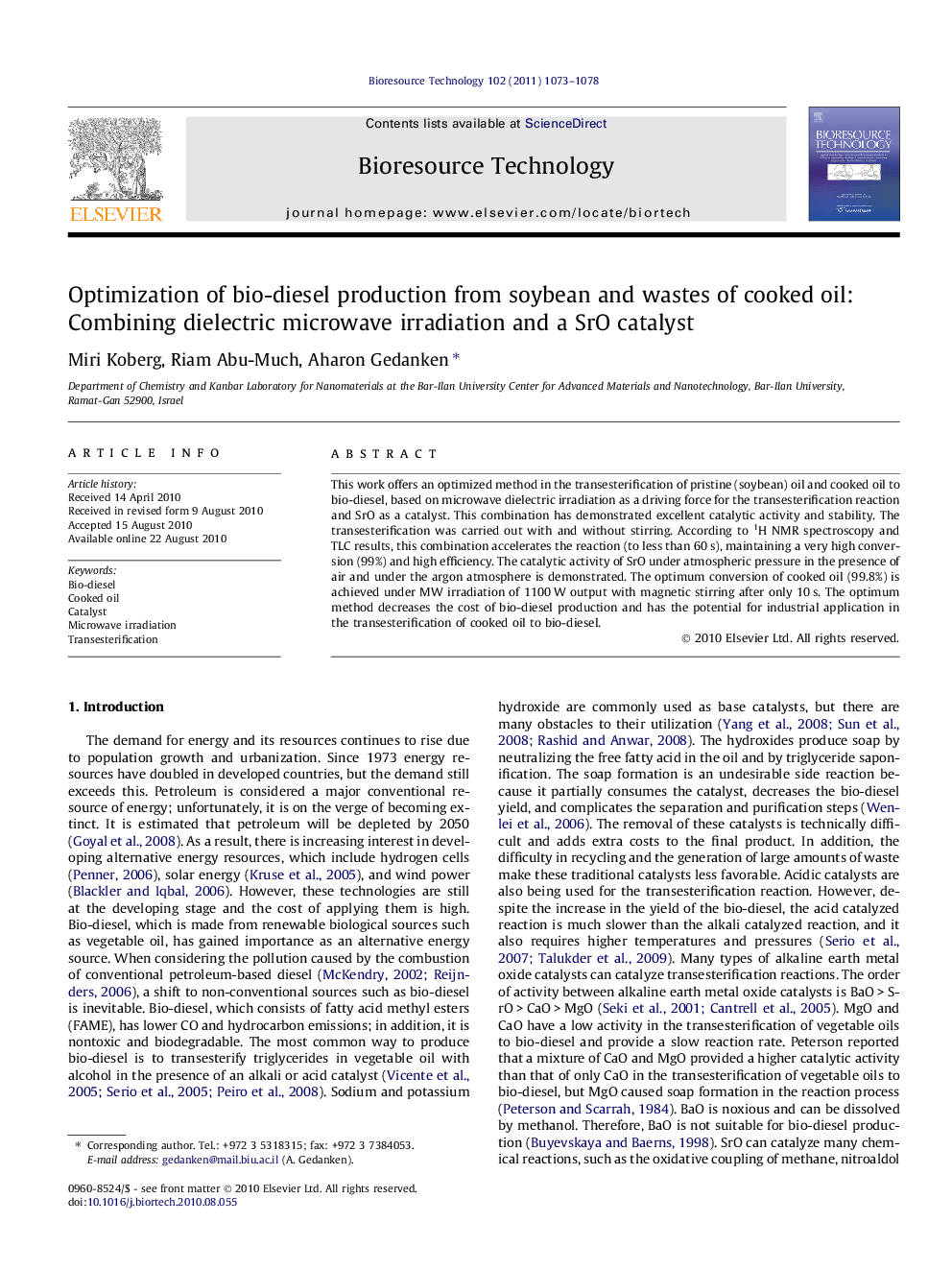 Optimization of bio-diesel production from soybean and wastes of cooked oil: Combining dielectric microwave irradiation and a SrO catalyst