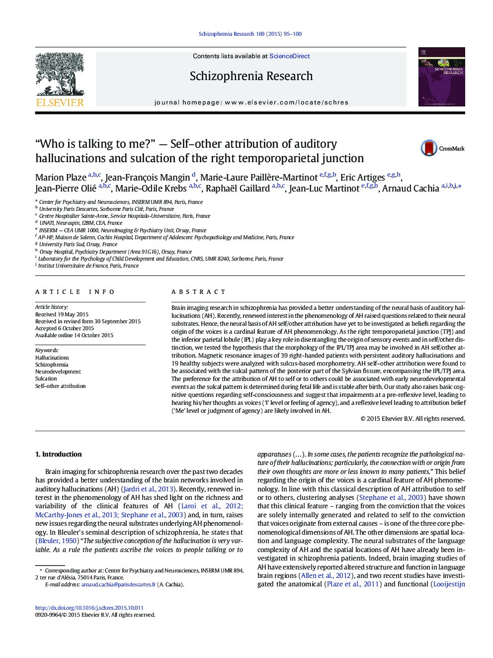 “Who is talking to me?” - Self-other attribution of auditory hallucinations and sulcation of the right temporoparietal junction