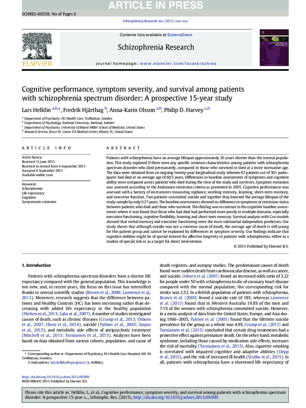 Cognitive performance, symptom severity, and survival among patients with schizophrenia spectrum disorder: A prospective 15-year study