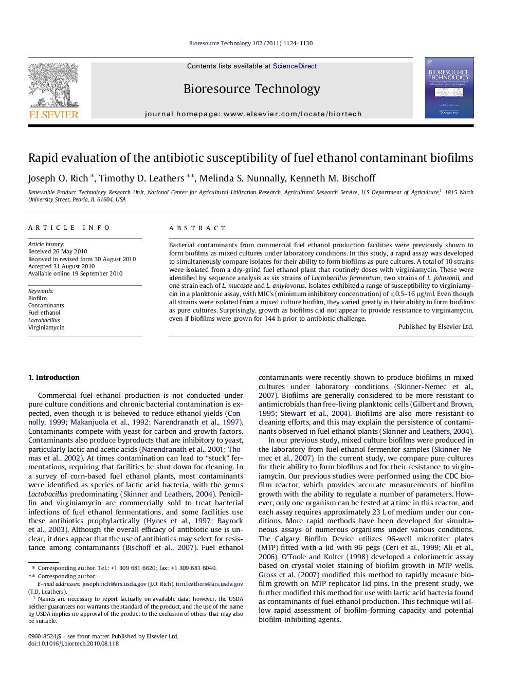 Rapid evaluation of the antibiotic susceptibility of fuel ethanol contaminant biofilms