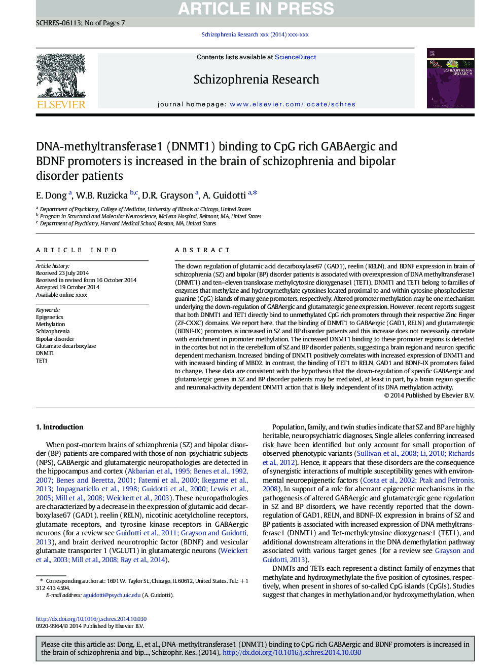 DNA-methyltransferase1 (DNMT1) binding to CpG rich GABAergic and BDNF promoters is increased in the brain of schizophrenia and bipolar disorder patients