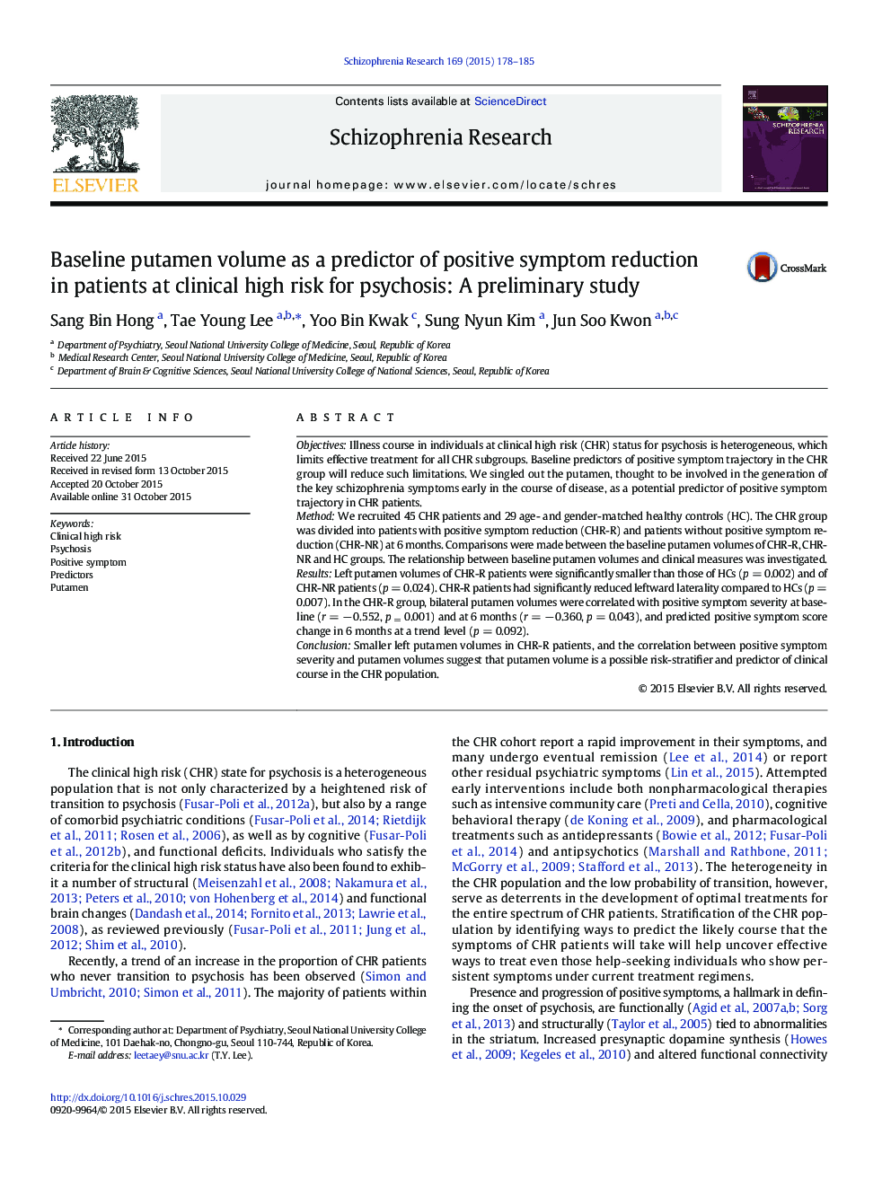 Baseline putamen volume as a predictor of positive symptom reduction in patients at clinical high risk for psychosis: A preliminary study