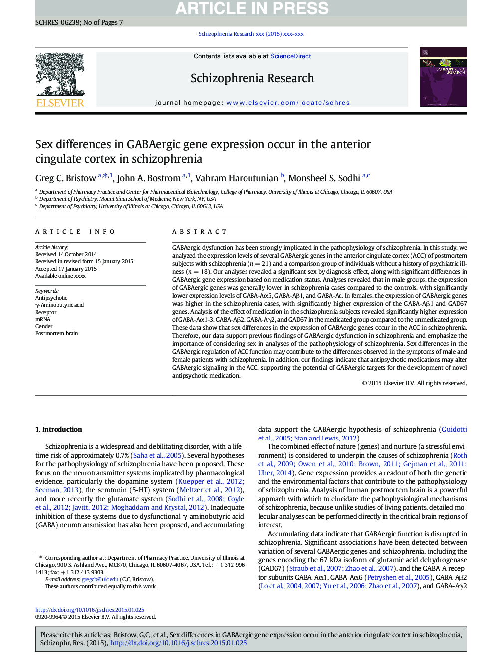 Sex differences in GABAergic gene expression occur in the anterior cingulate cortex in schizophrenia