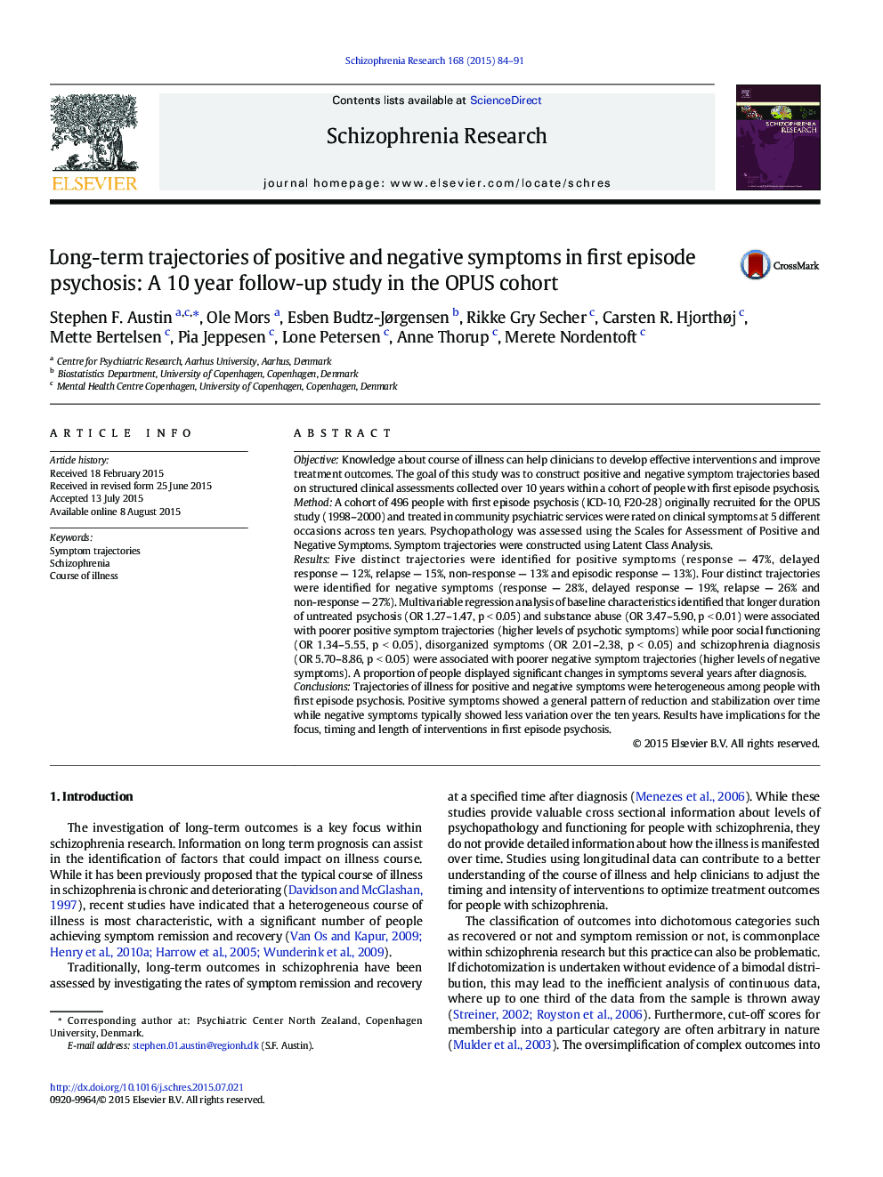 Long-term trajectories of positive and negative symptoms in first episode psychosis: A 10Â year follow-up study in the OPUS cohort