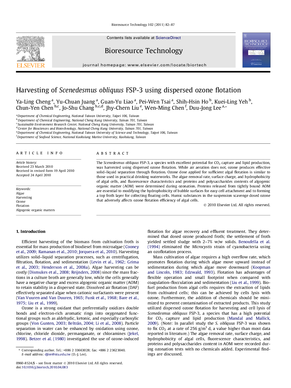 Harvesting of Scenedesmus obliquus FSP-3 using dispersed ozone flotation