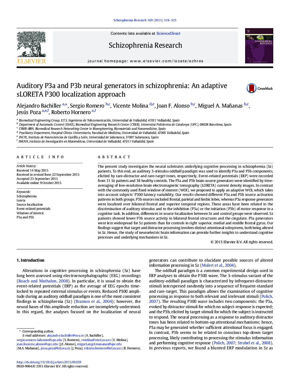 Auditory P3a and P3b neural generators in schizophrenia: An adaptive sLORETA P300 localization approach