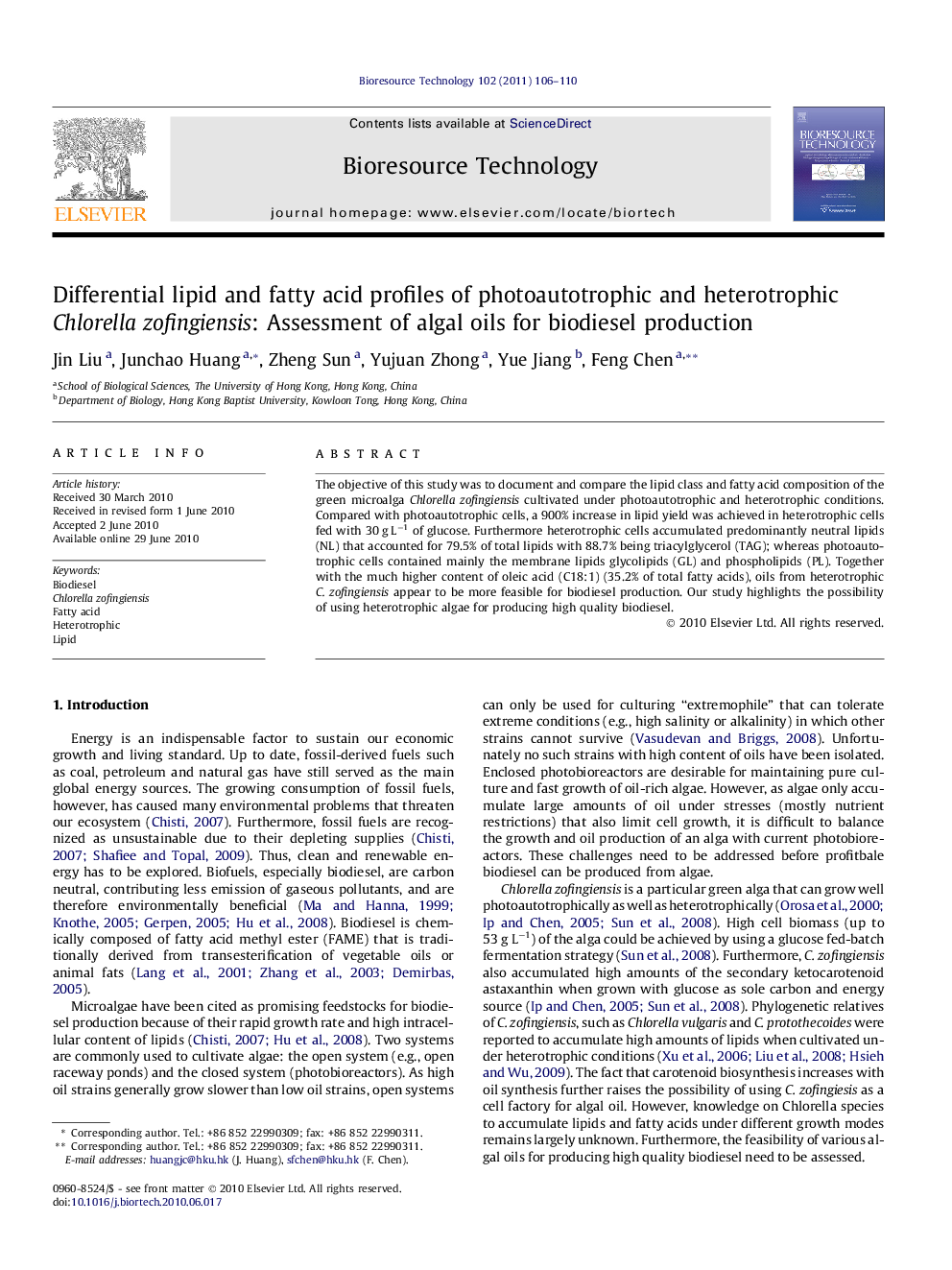 Differential lipid and fatty acid profiles of photoautotrophic and heterotrophic Chlorella zofingiensis: Assessment of algal oils for biodiesel production