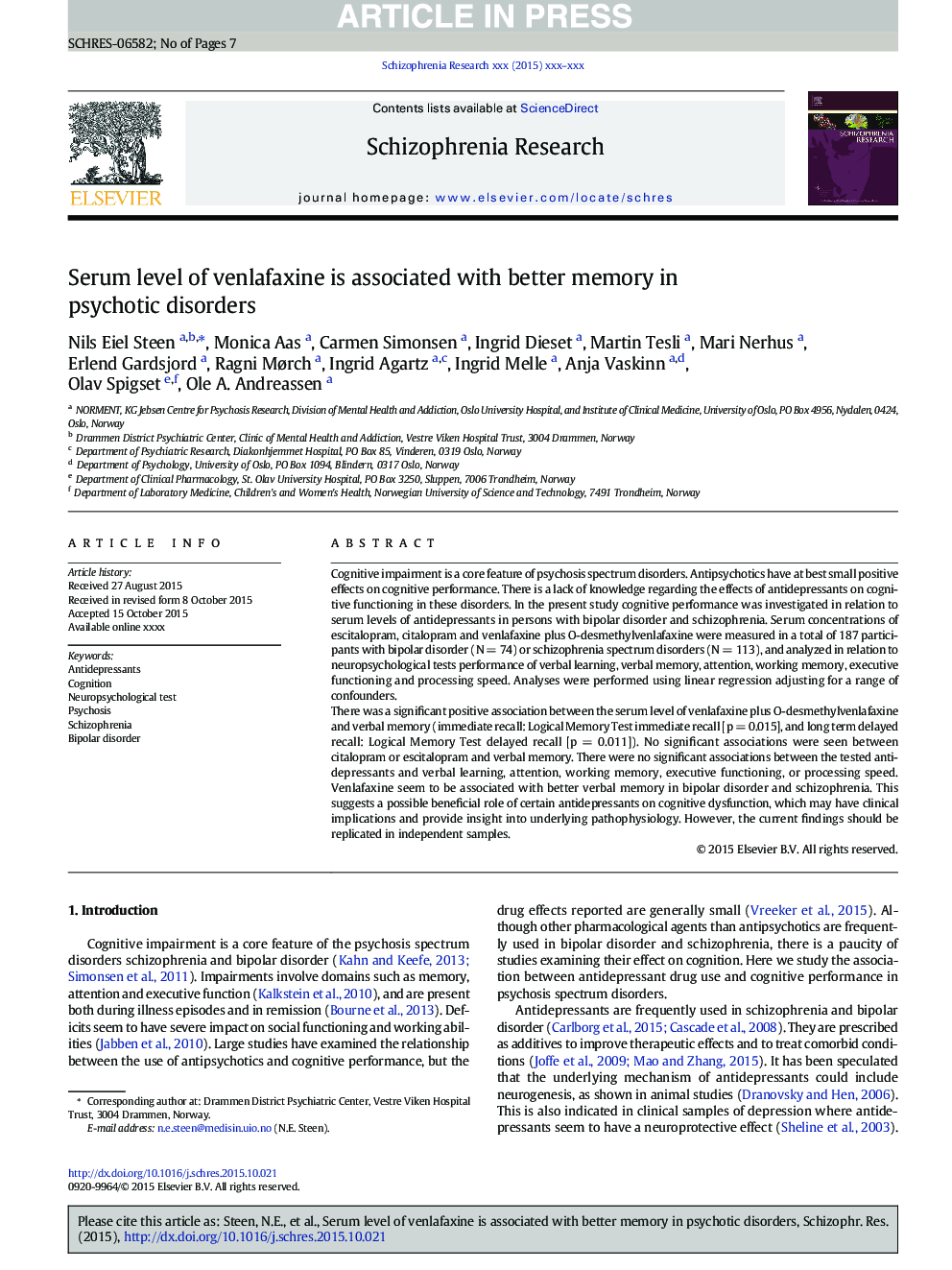 Serum level of venlafaxine is associated with better memory in psychotic disorders