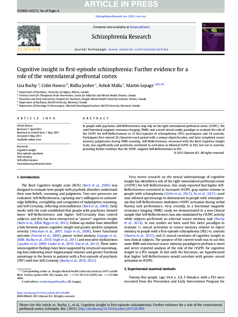 Cognitive insight in first-episode schizophrenia: Further evidence for a role of the ventrolateral prefrontal cortex