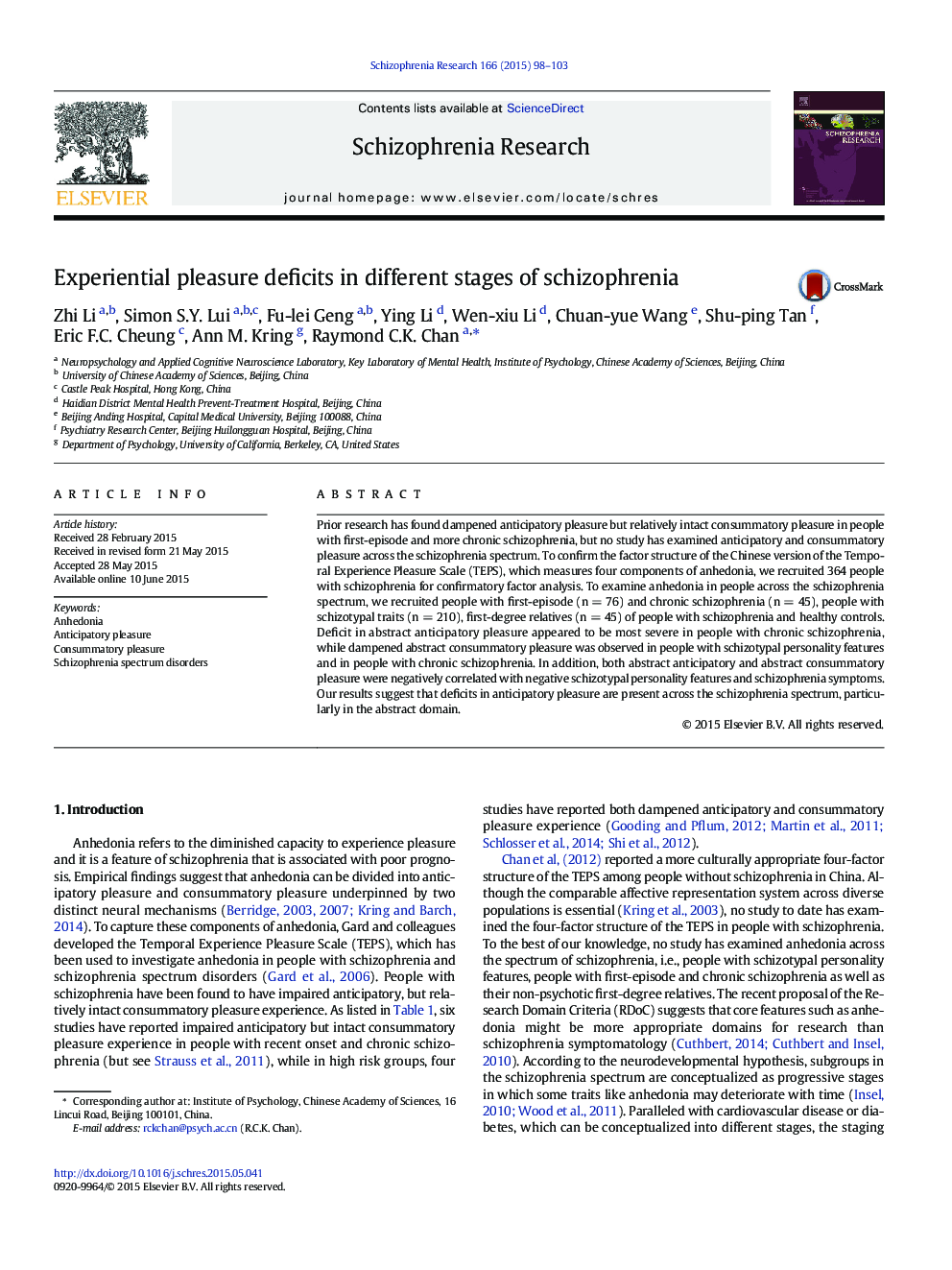 Experiential pleasure deficits in different stages of schizophrenia