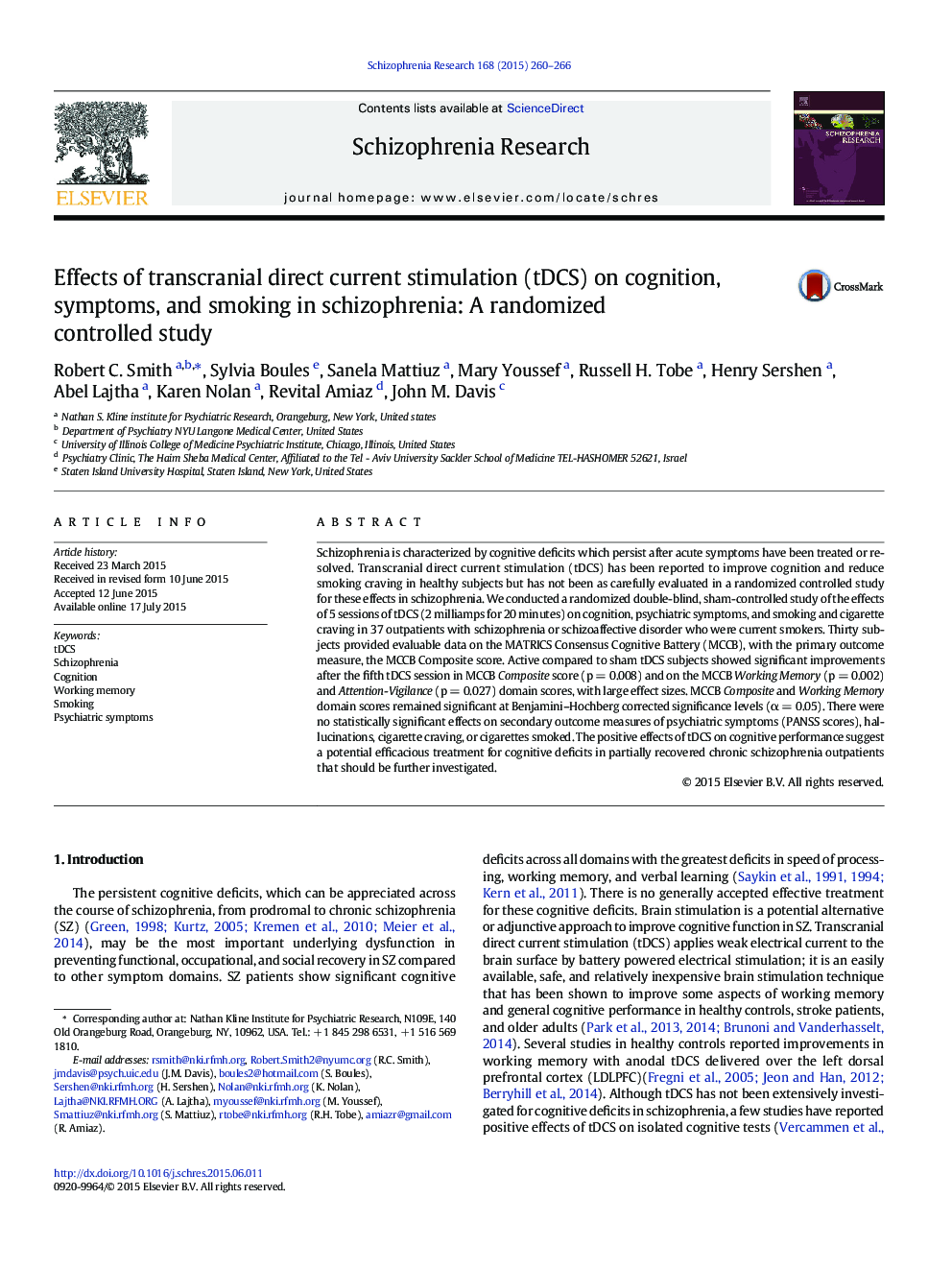 Effects of transcranial direct current stimulation (tDCS) on cognition, symptoms, and smoking in schizophrenia: A randomized controlled study