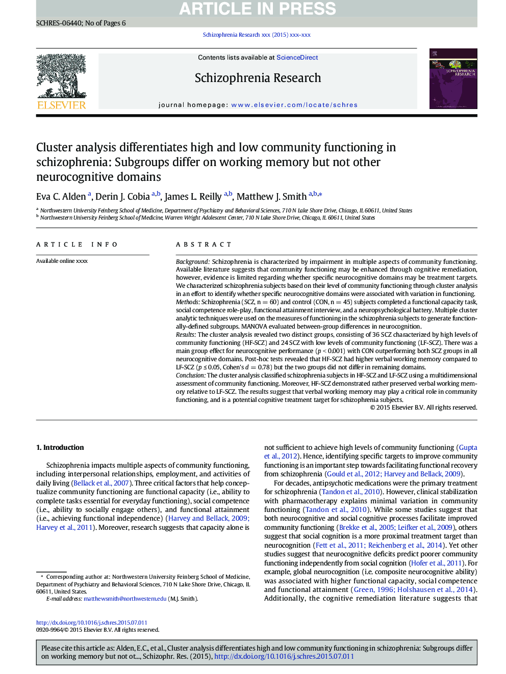 Cluster analysis differentiates high and low community functioning in schizophrenia: Subgroups differ on working memory but not other neurocognitive domains