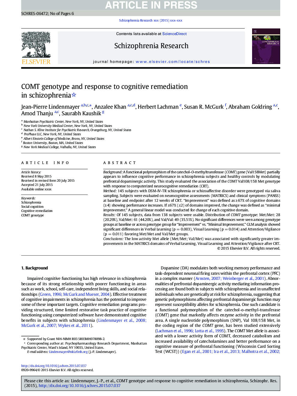 COMT genotype and response to cognitive remediation in schizophrenia