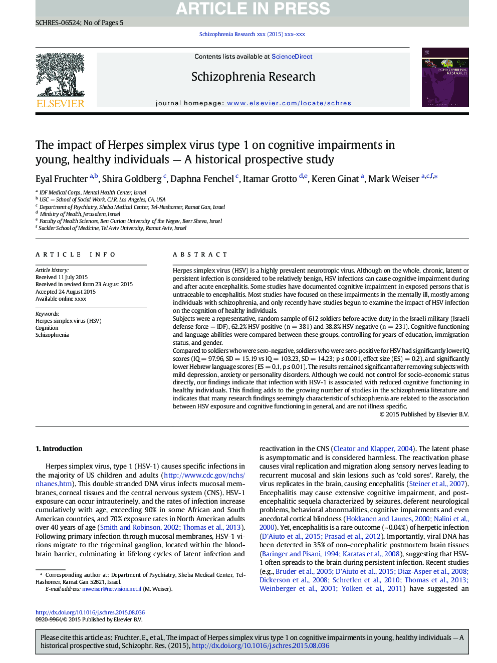 The impact of Herpes simplex virus type 1 on cognitive impairments in young, healthy individuals - A historical prospective study