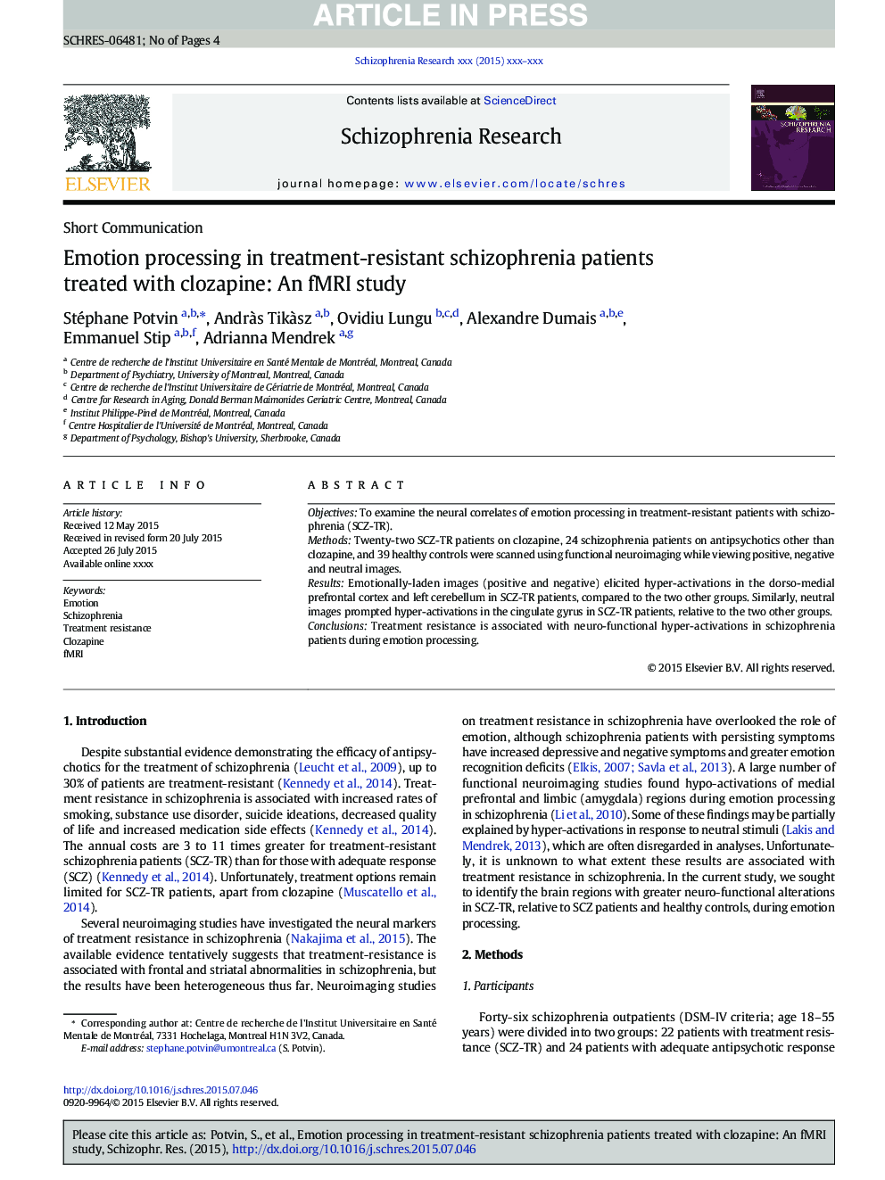 Emotion processing in treatment-resistant schizophrenia patients treated with clozapine: An fMRI study