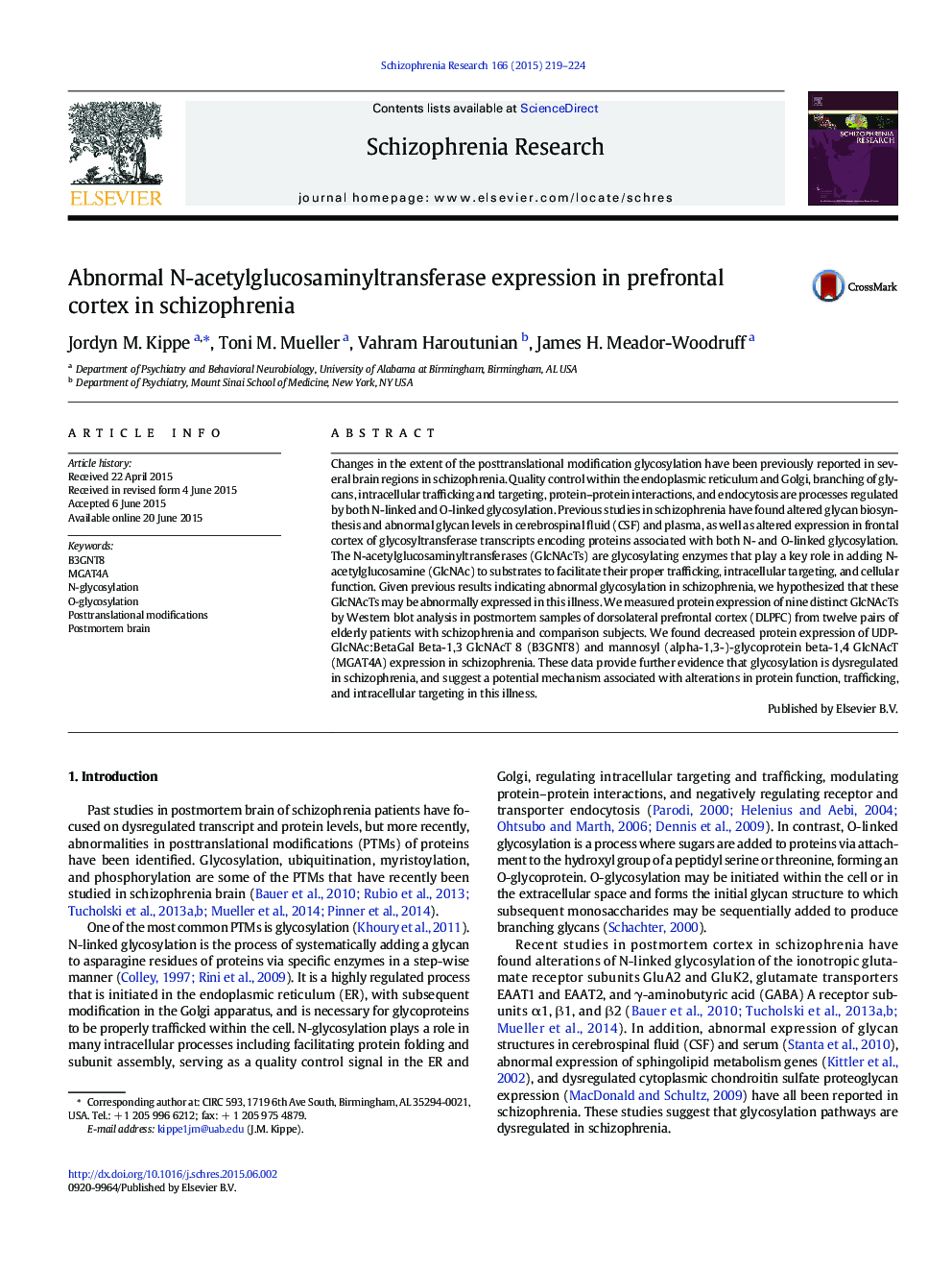 Abnormal N-acetylglucosaminyltransferase expression in prefrontal cortex in schizophrenia