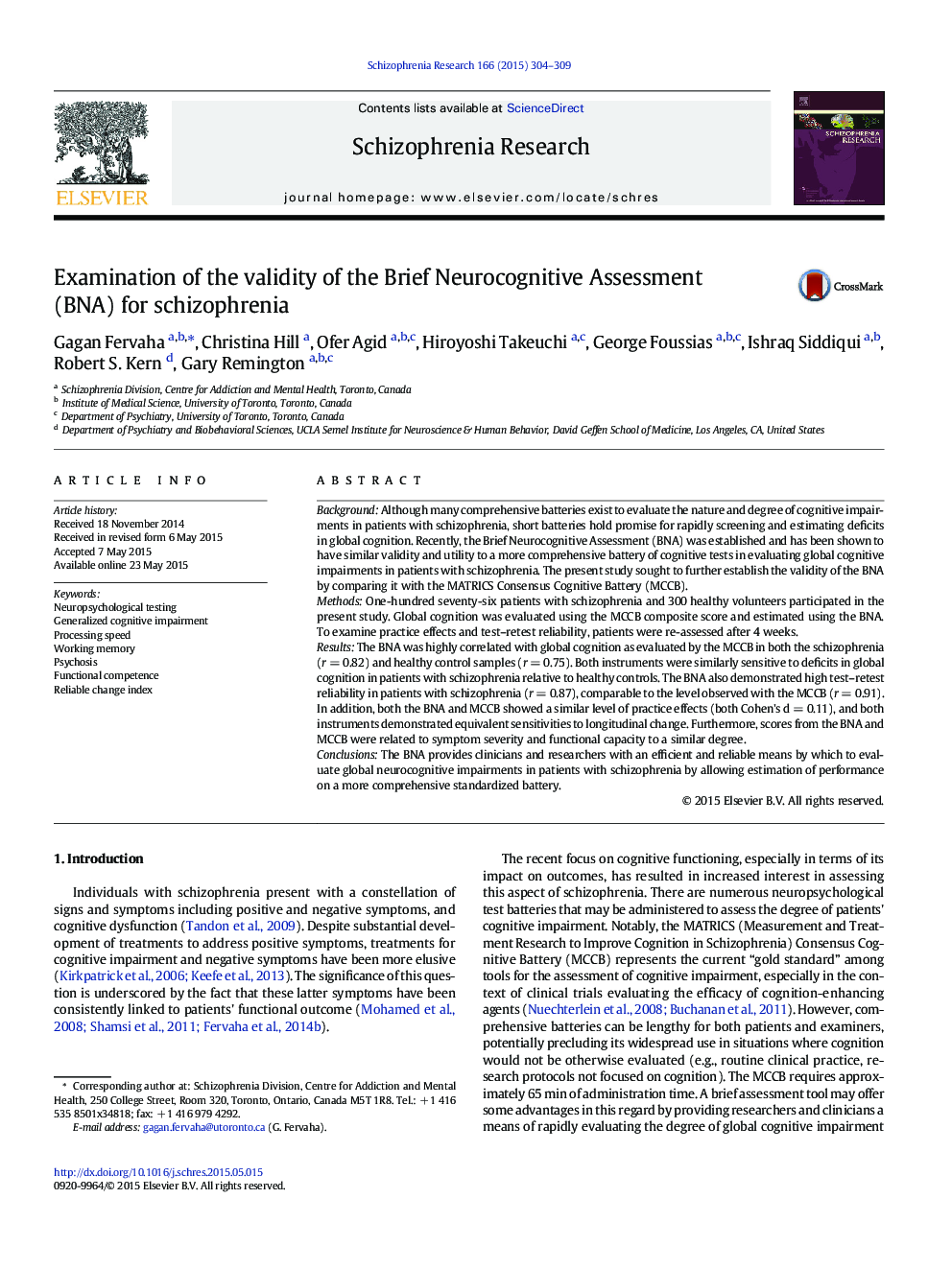 Examination of the validity of the Brief Neurocognitive Assessment (BNA) for schizophrenia