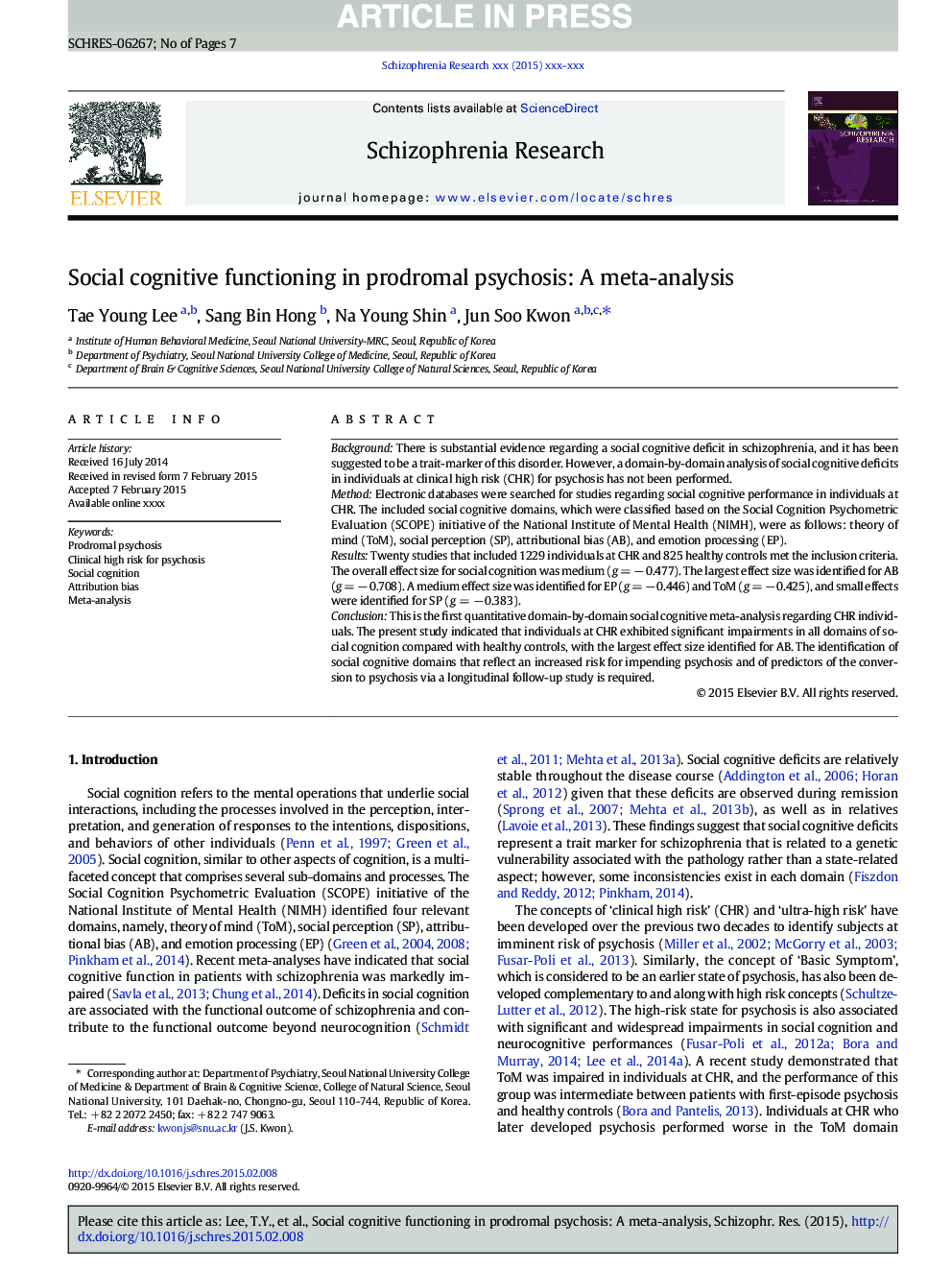 Social cognitive functioning in prodromal psychosis: A meta-analysis