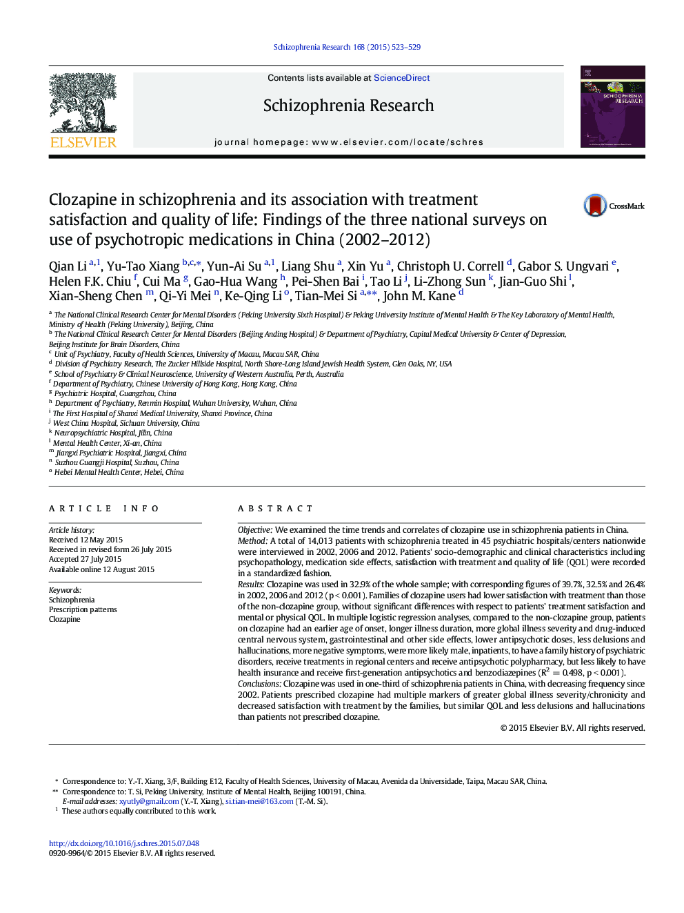 Clozapine in schizophrenia and its association with treatment satisfaction and quality of life: Findings of the three national surveys on use of psychotropic medications in China (2002-2012)