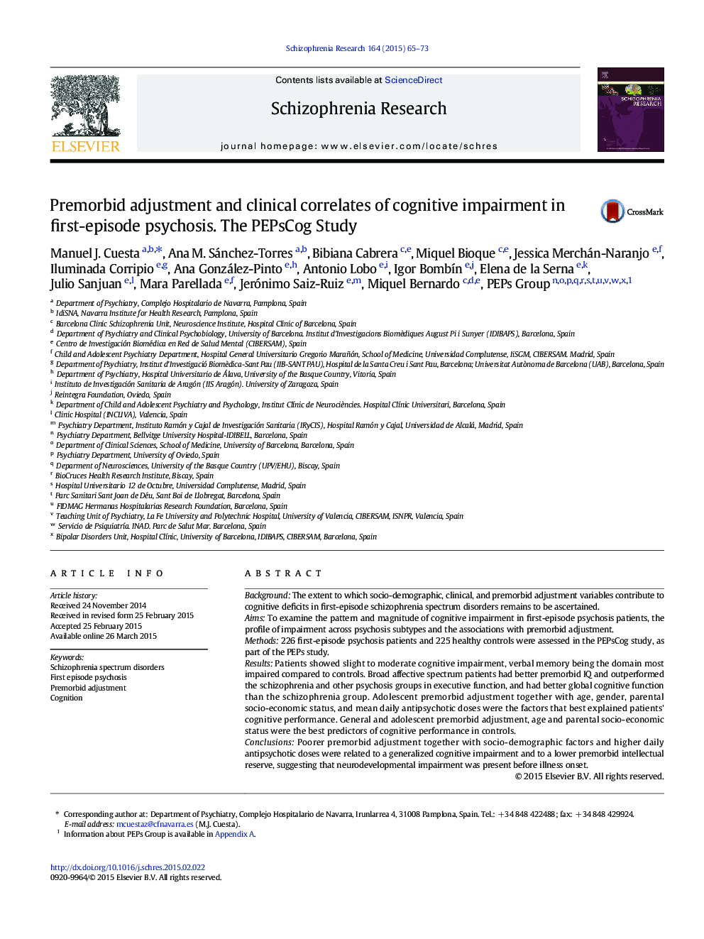 Premorbid adjustment and clinical correlates of cognitive impairment in first-episode psychosis. The PEPsCog Study