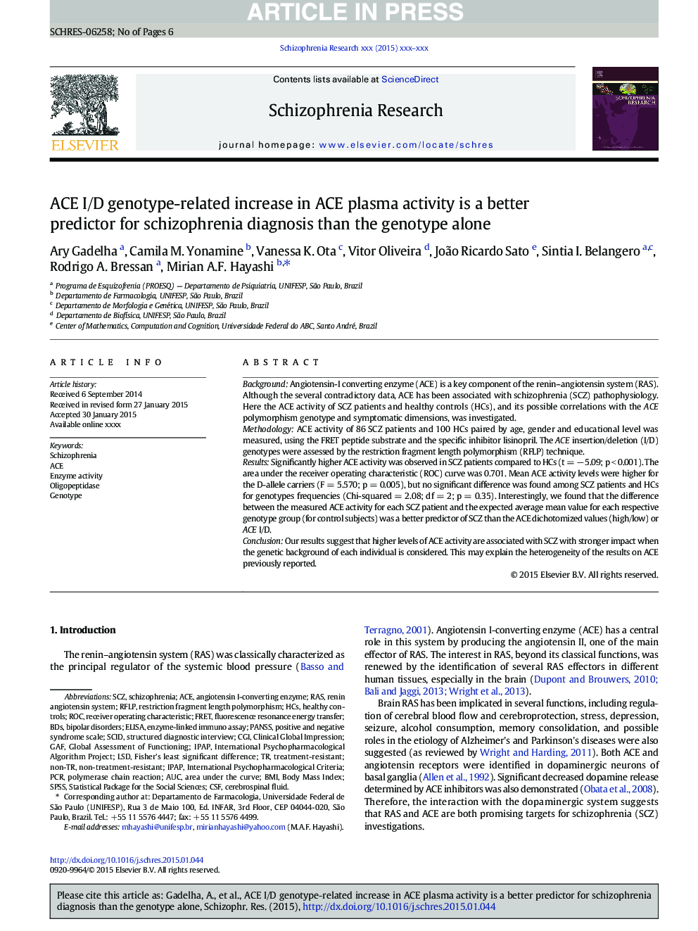 ACE I/D genotype-related increase in ACE plasma activity is a better predictor for schizophrenia diagnosis than the genotype alone