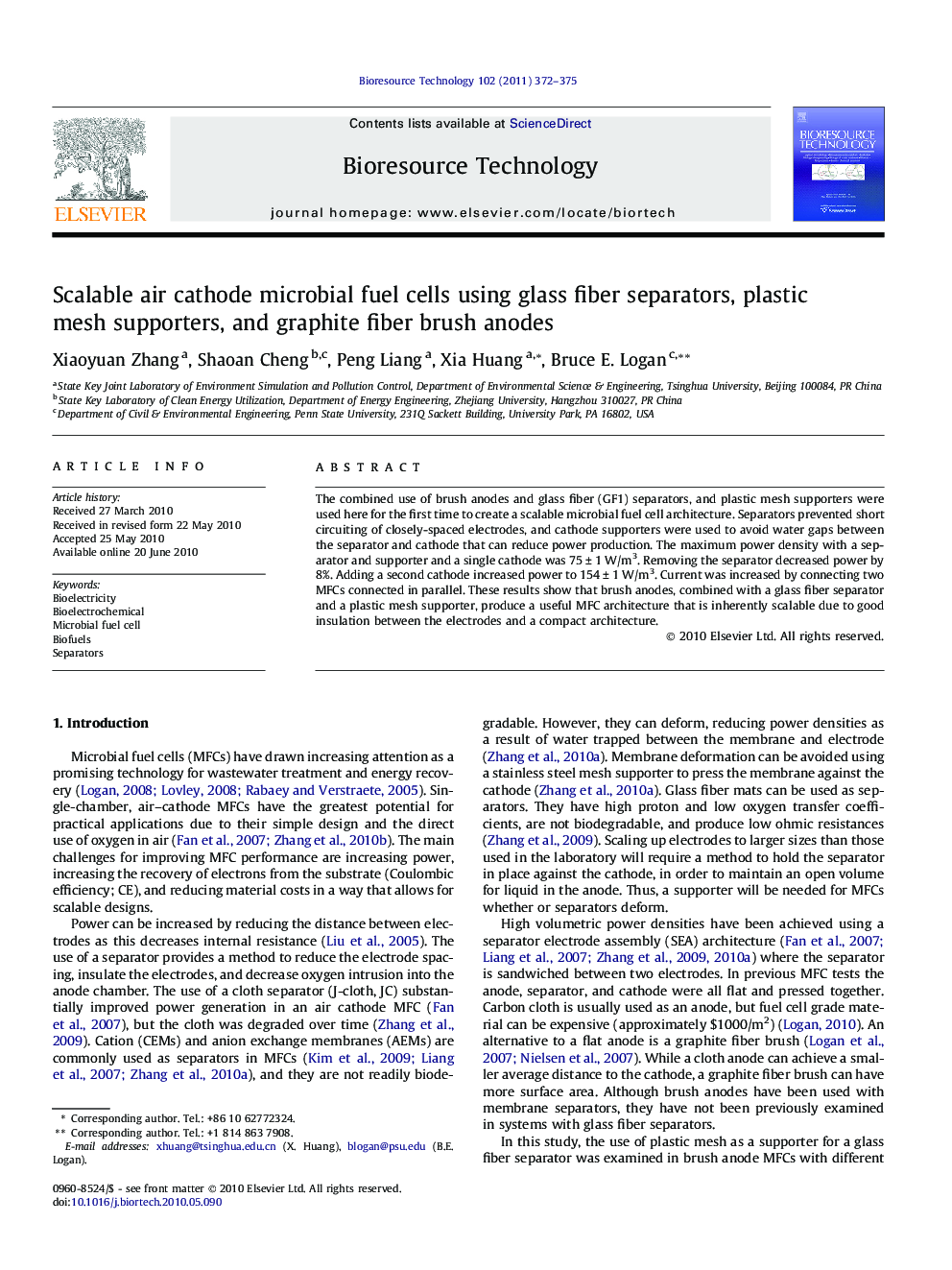 Scalable air cathode microbial fuel cells using glass fiber separators, plastic mesh supporters, and graphite fiber brush anodes