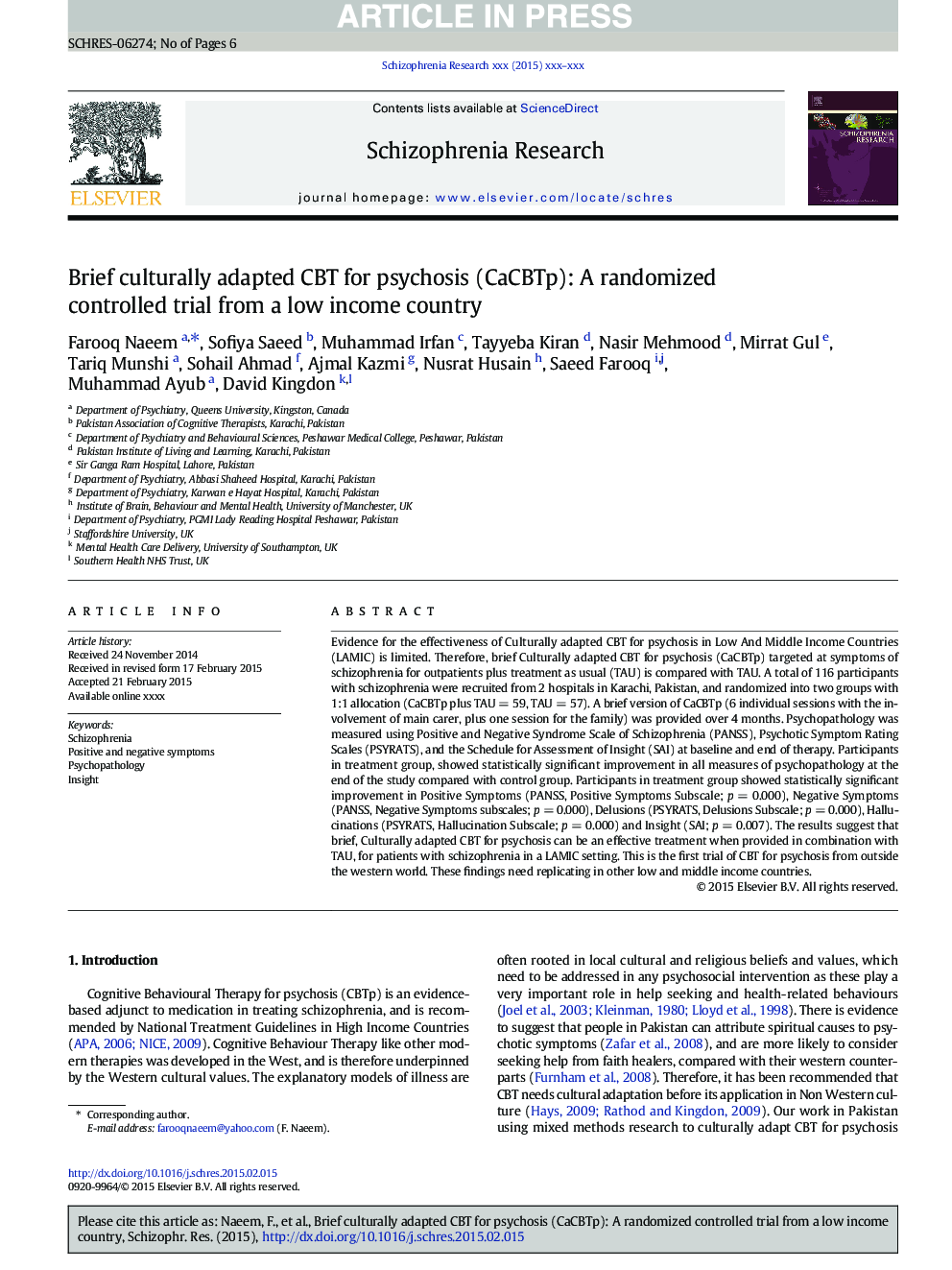 Brief culturally adapted CBT for psychosis (CaCBTp): A randomized controlled trial from a low income country