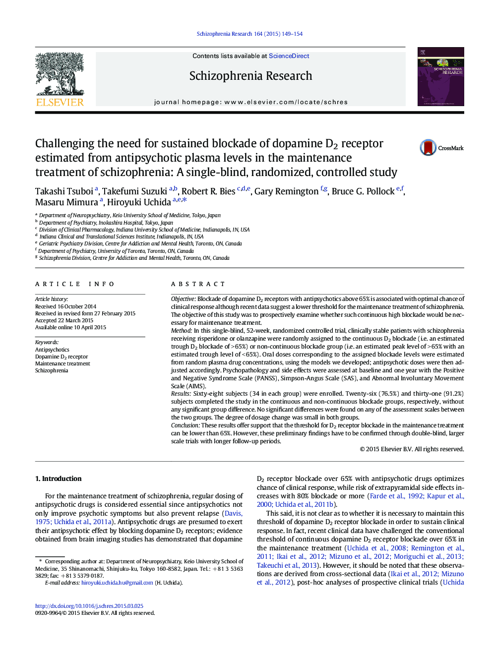 Challenging the need for sustained blockade of dopamine D2 receptor estimated from antipsychotic plasma levels in the maintenance treatment of schizophrenia: A single-blind, randomized, controlled study