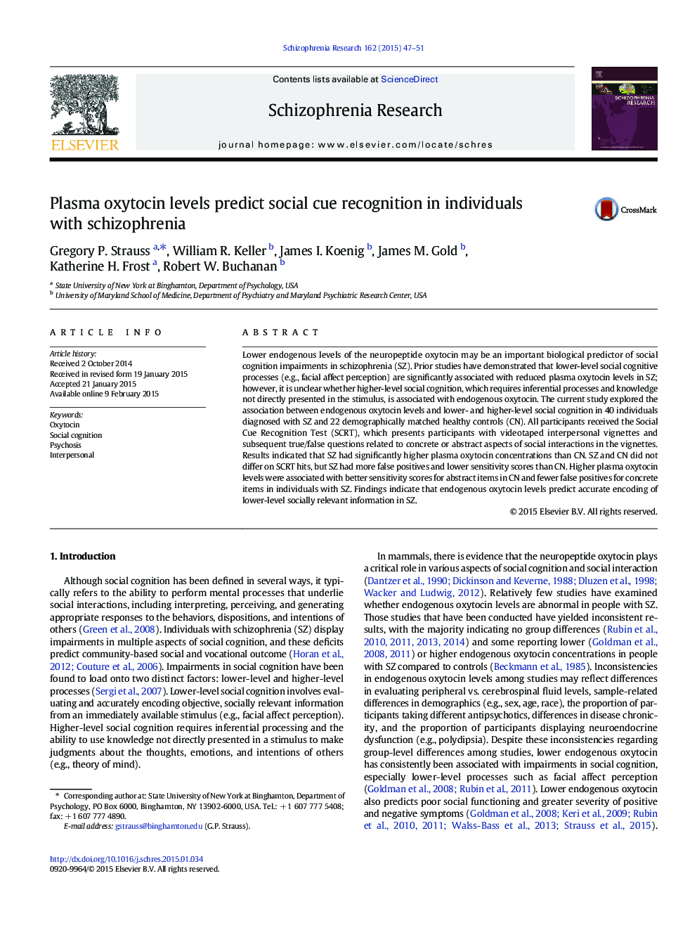 Plasma oxytocin levels predict social cue recognition in individuals with schizophrenia