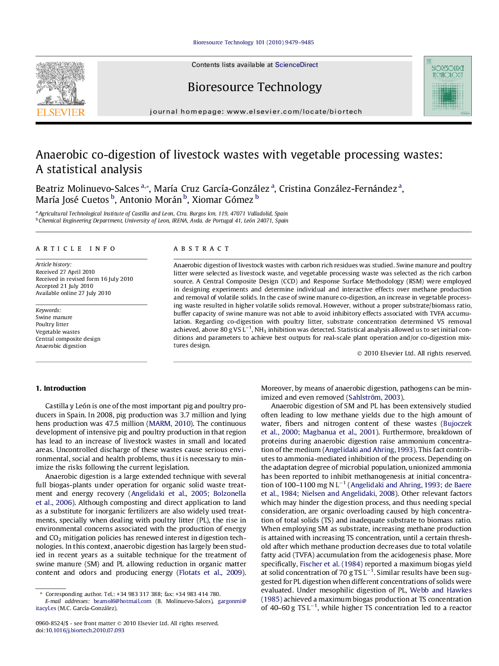 Anaerobic co-digestion of livestock wastes with vegetable processing wastes: A statistical analysis