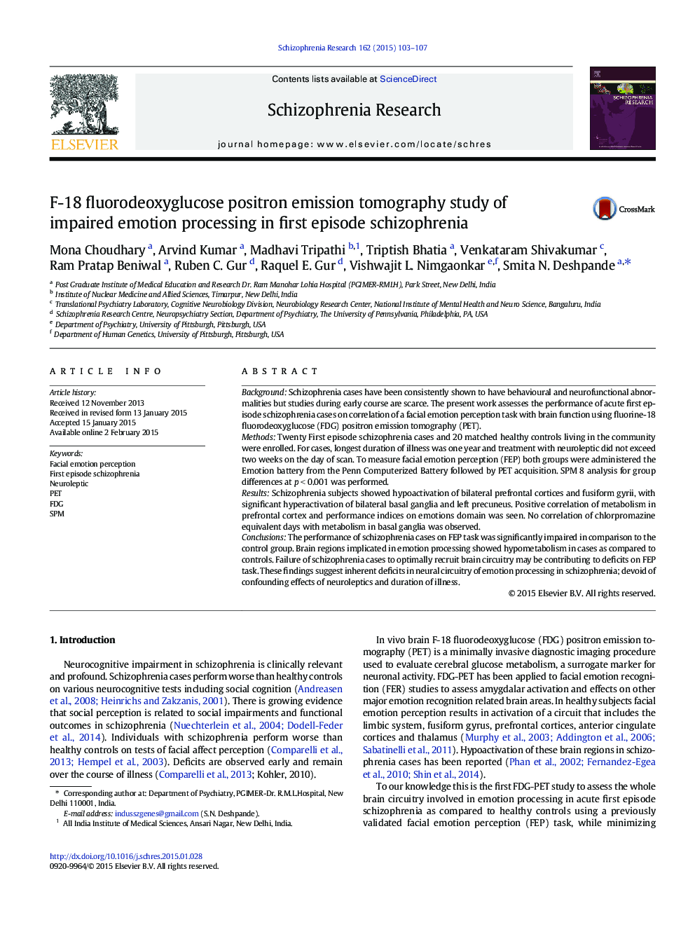 F-18 fluorodeoxyglucose positron emission tomography study of impaired emotion processing in first episode schizophrenia