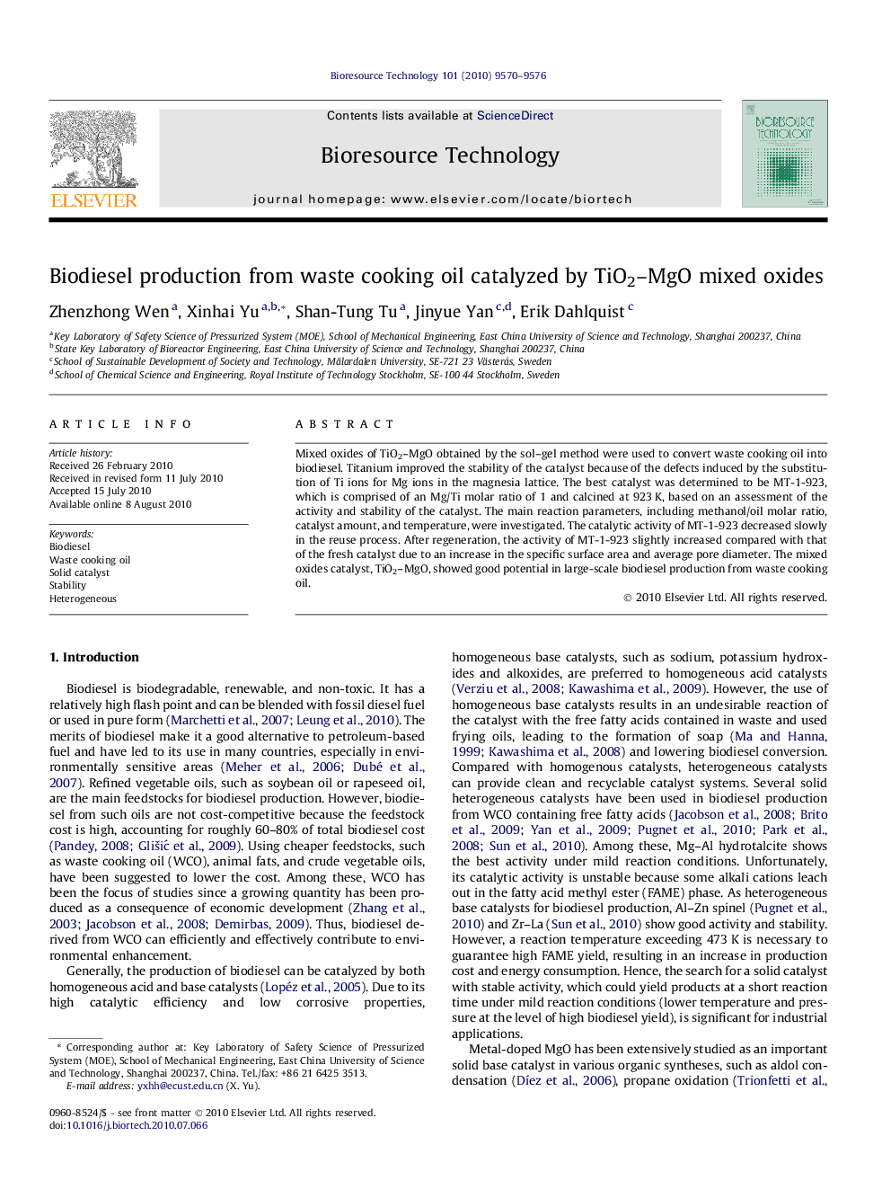 Biodiesel production from waste cooking oil catalyzed by TiO2–MgO mixed oxides