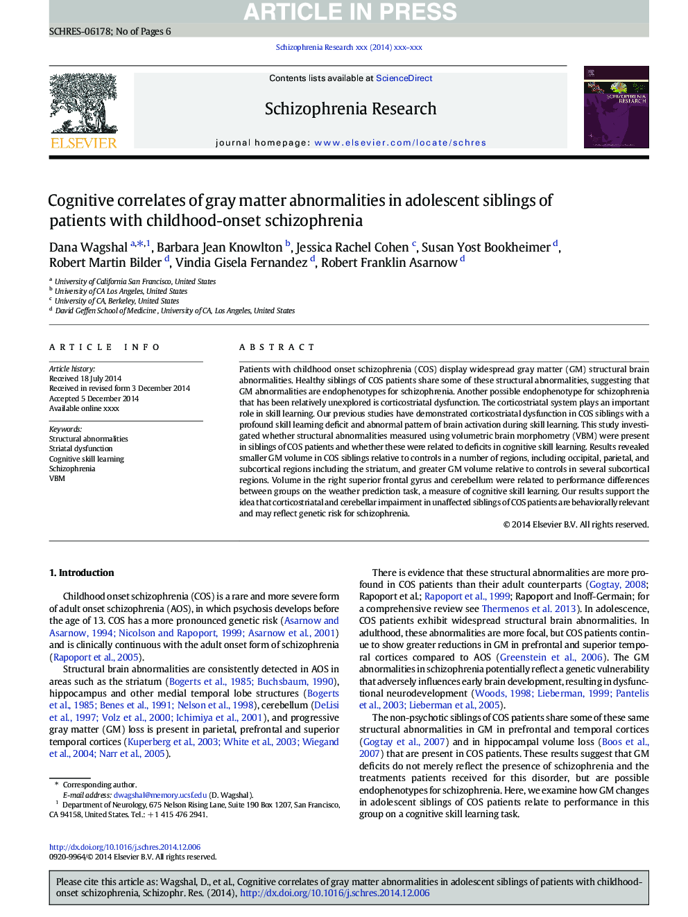 Cognitive correlates of gray matter abnormalities in adolescent siblings of patients with childhood-onset schizophrenia