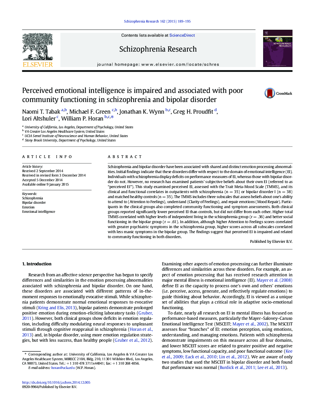 Perceived emotional intelligence is impaired and associated with poor community functioning in schizophrenia and bipolar disorder